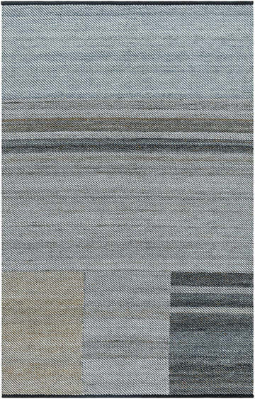 Close-up of the hand-woven Velda Area Rug. Southwestern style rug in charcoal, gray, sage, and slate blue. Recycled PET yarn. Design-Rectangle-576