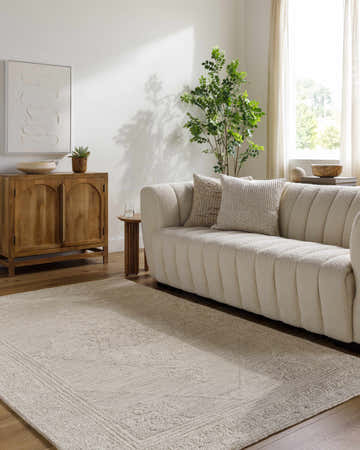 Living room with a cream couch and ash Verne Area Rug. Farmhouse style. Roomscene-Rectangle