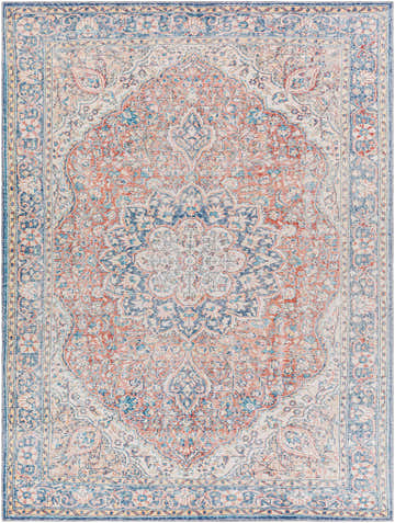 Detailed Wacousta Red&Blue Washable Rug. Traditional oriental design with cream, red, and blue floral patterns. Design-Rectangle-710102