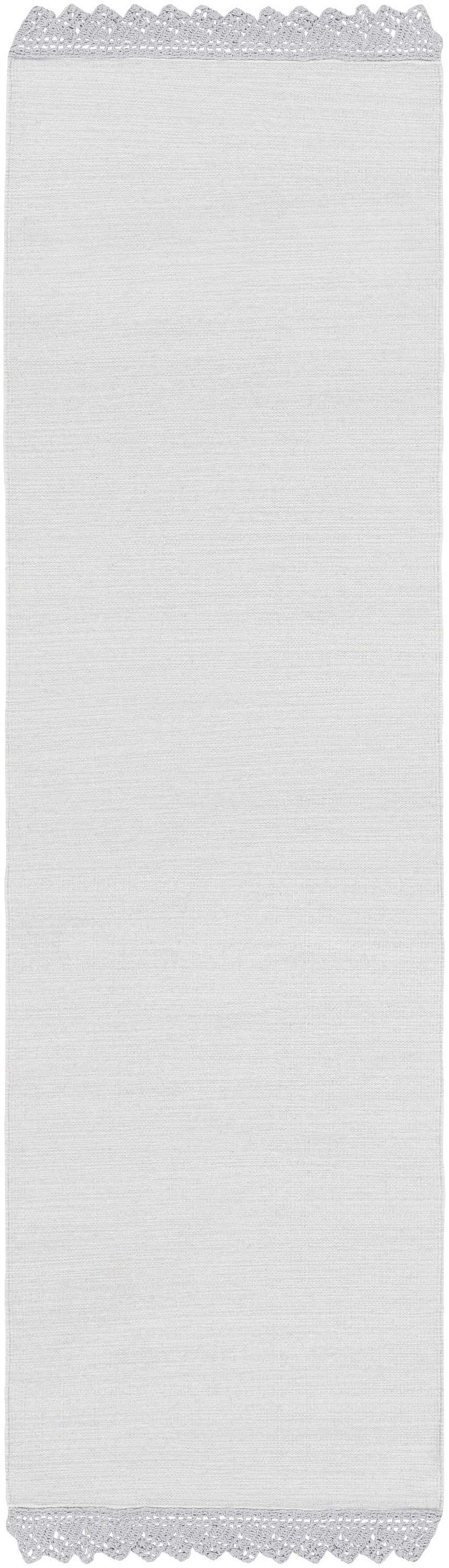 Close-up of the hand-woven, rectangular Grace GRC-7003 area rug. It's made of 100% cotton with a crochet trim. Design-Runner-268