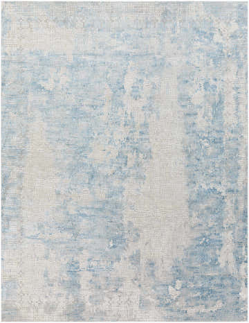 Close-up of the Walbridge Faux Silk Rug. Abstract pattern in gray, light blue, and off-white. Viscose material with subtle texture. Design-Rectangle-710103