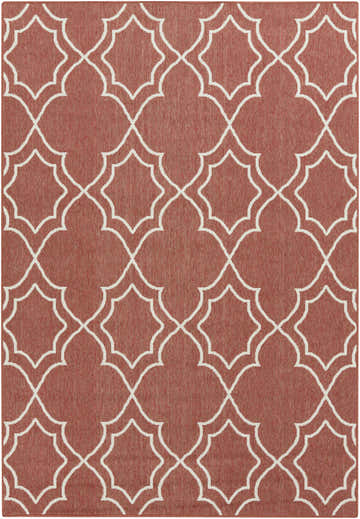 Close-up of Unique Rust Red Lattice Trellis Outdoor Rug. Brick red with light beige geometric trellis pattern. Design-Rectangle-5376