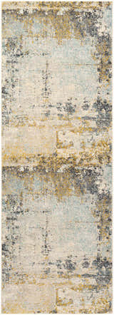 Close-up of Waleska Neutral Area Rug with abstract design in aqua, black, charcoal, beige, mustard, peach, and taupe. Design-Runner-2773