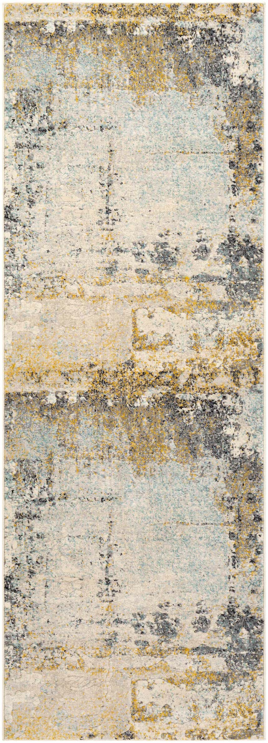 Close-up of Waleska Neutral Area Rug with abstract design in aqua, black, charcoal, beige, mustard, peach, and taupe. Design-Runner-2773