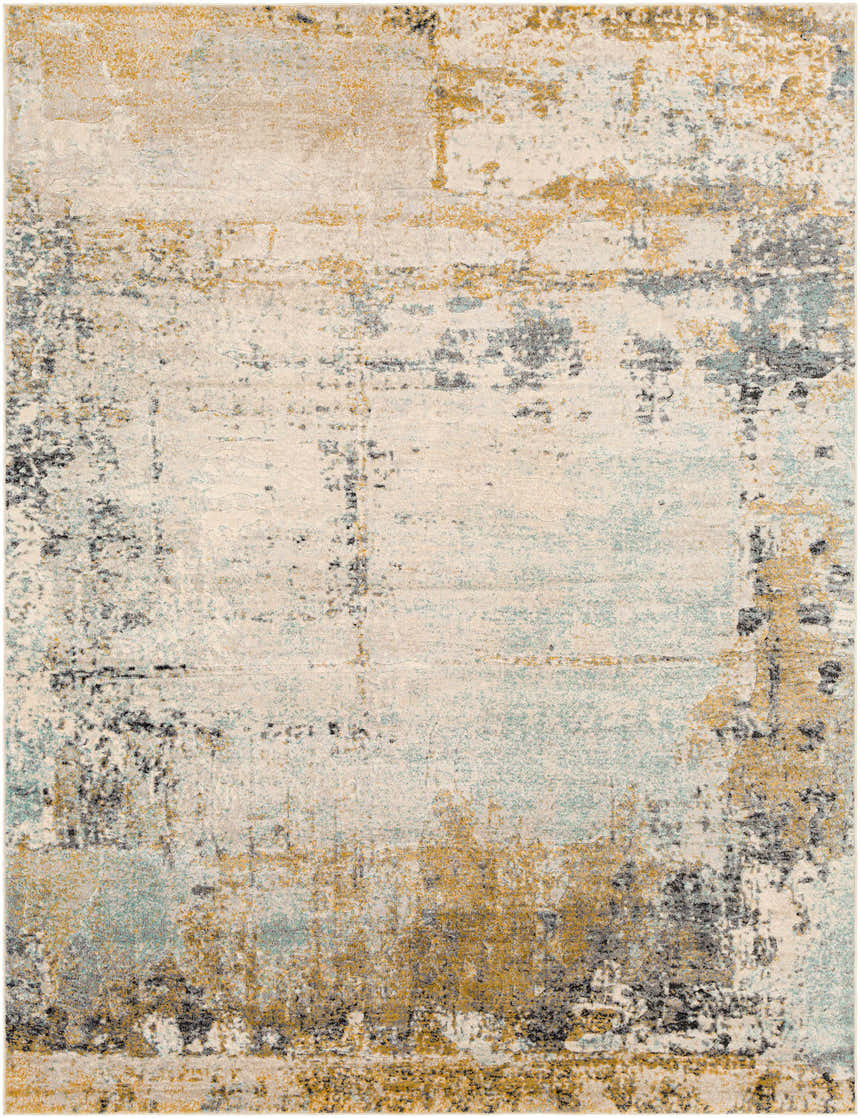 Waleska Neutral Area Carpet: Contemporary rug with aqua, black, mustard, and beige abstract pattern. Jute and polypropylene texture. Design-Rectangle-710103
