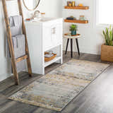 Bathroom scene with Waleska Neutral Area Carpet runner, white vanity, and wood accents. Roomscene-Runner