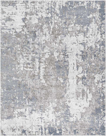 Close-up of the Walhonding Area Rug: a contemporary rug in denim, ivory, and gray with an abstract pattern. Design-Rectangle-710103