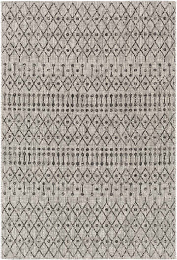 Close-up of the Wallkill Area Rug. Bohemian design with black diamonds and dots on a taupe and white woven texture. Design-Rectangle-5376