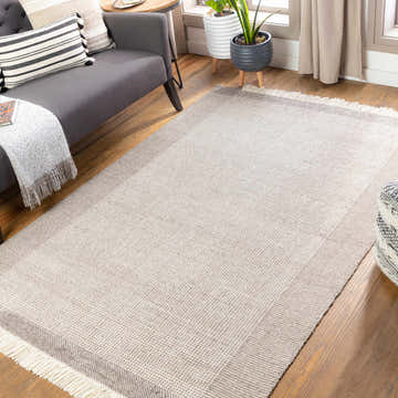 Living room scene with a beige grid pattern Joelle Wool Rug, gray sofa, and plants near a window. Roomscene-Rectangle
