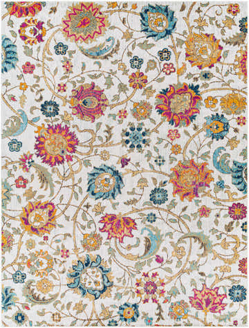 Close-up of Walsenburg Floral Rug. Features a light beige backdrop with colorful floral and vine pattern in teal, mustard, and burgundy. Design-Rectangle-710103