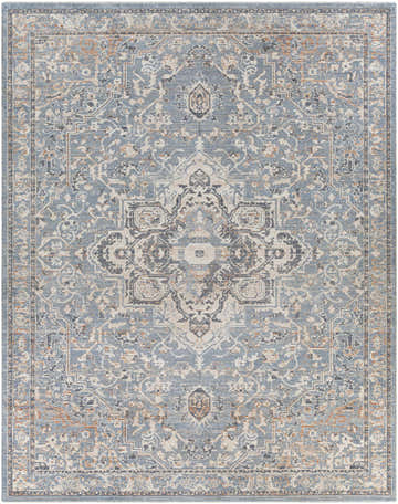 Close-up of the Buguey Cream&Blue Area Rug. Features a traditional, oriental pattern in cream, blue, gray, and rust tones. Design-Rectangle-71010
