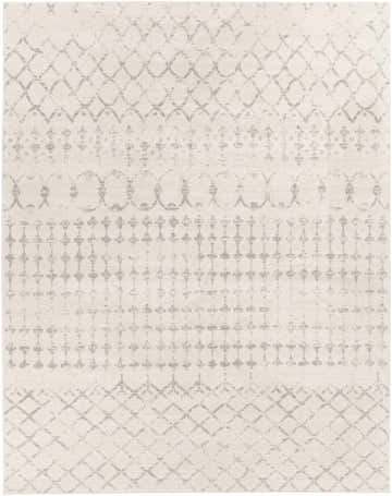 Close up of Warton Area Rug with light gray geometric pattern on off-white polypropylene. Machine woven texture. Design-Rectangle-71010