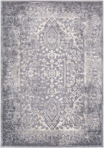Close-up of the Watford Updated Traditional Tibetan Rug with charcoal, gray, ivory, and tan vintage-inspired floral pattern. Design-Rectangle-5376