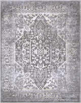Close-up of the Watford Updated Traditional Tibetan Rug. Charcoal, gray, and ivory floral pattern with vintage distressed texture. Design-Rectangle-710103