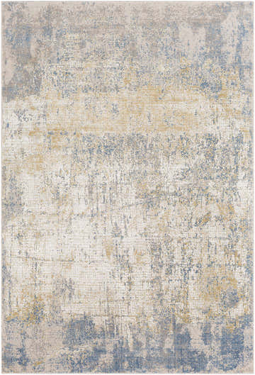 Close-up of the Watersmeet Faux Silk Rug. Light blue, medium brown, mustard, and tan colors with a contemporary design. Design-Rectangle-5373