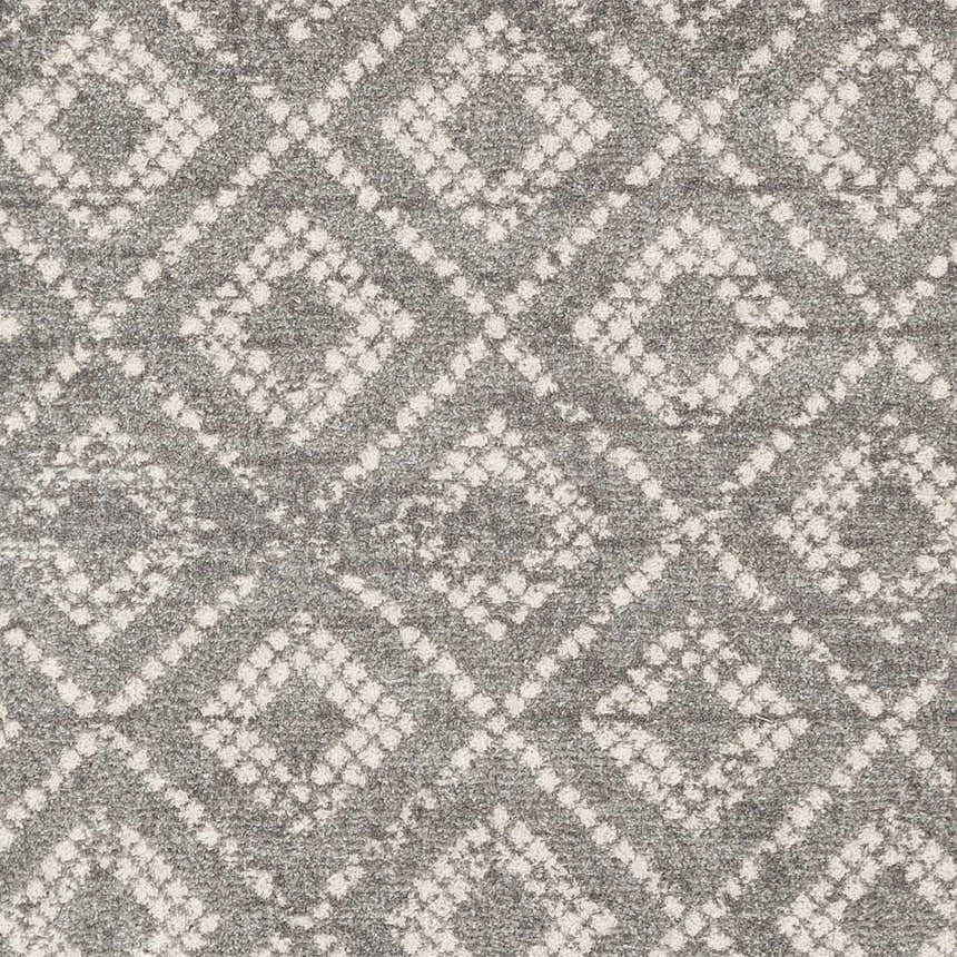 Close-up of the Webb Area Rug featuring a gray and white diamond pattern. Soft, textured weave. Swatch
