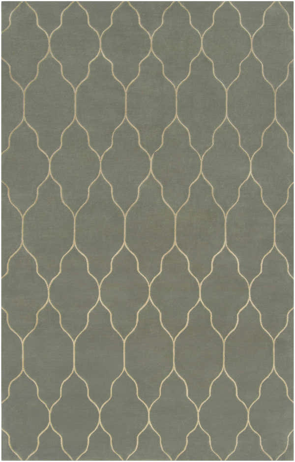 Close-up of the Woodland Area Carpet, a hand-knotted wool rug with a gray background and a beige quatrefoil pattern. Design-Rectangle-58