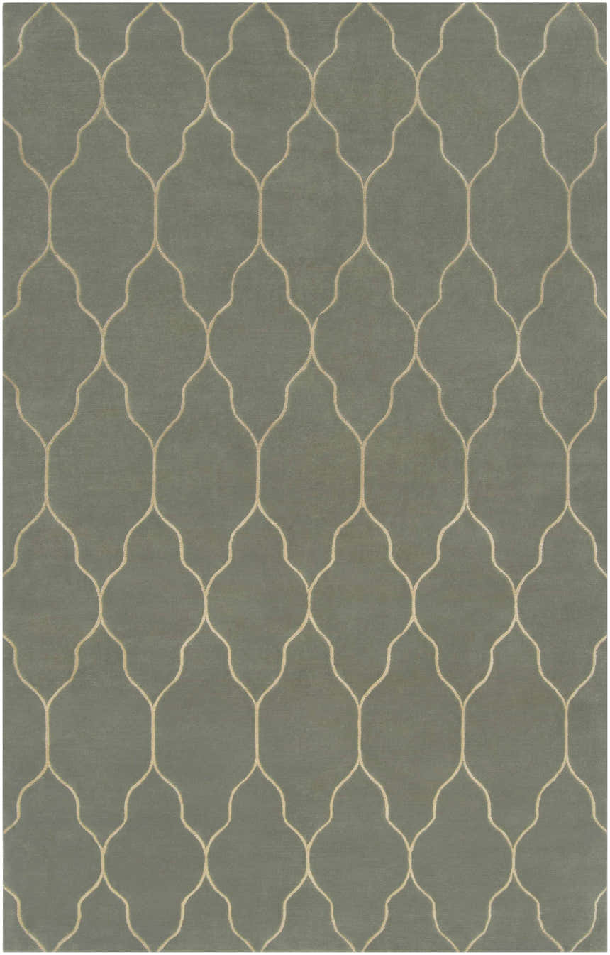 Close-up of the Woodland Area Carpet, a hand-knotted wool rug with a gray background and a beige quatrefoil pattern. Design-Rectangle-58
