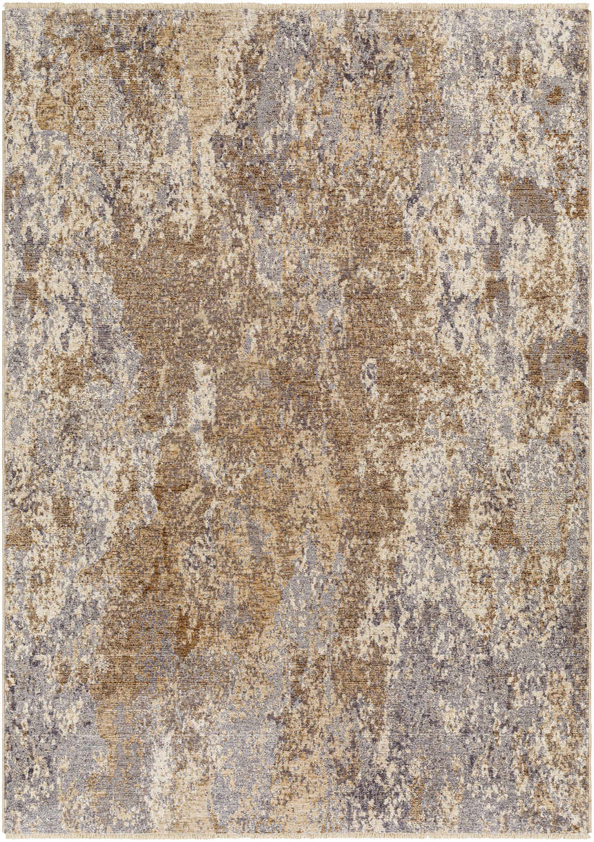 Close-up of the Woodmoor Area Rug. Contemporary design in bone, dark gray, eggplant, walnut, and white thatch. Design-Rectangle-57