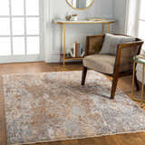 Living room scene with a bone, gray, and brown Woodmoor Area Rug, wood floors, and mid-century modern furniture. Roomscene-Rectangle