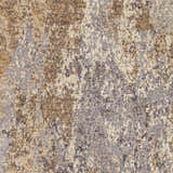 Close-up of the Woodmoor Area Rug. Abstract design in bone, dark gray, eggplant, walnut, and white thatch colors. Swatch