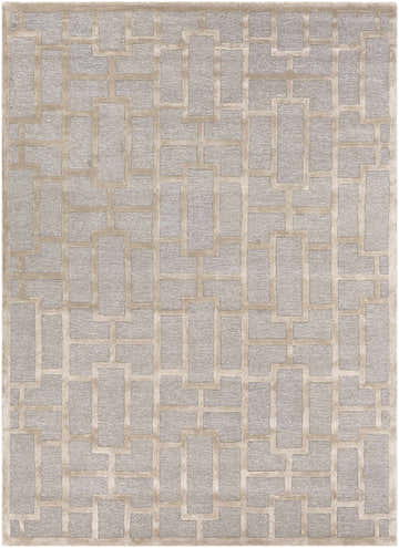 Close-up of the Wadesboro Area Rug. Beige and light gray wool rug with a contemporary geometric pattern. Hand-tufted texture. Design-Rectangle-811