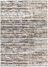 Close-up of Weddin Striped Plush Area Rug. Charcoal, cream, gray, and tan horizontal stripes create a soft, textured shag design. Design-Rectangle-5373