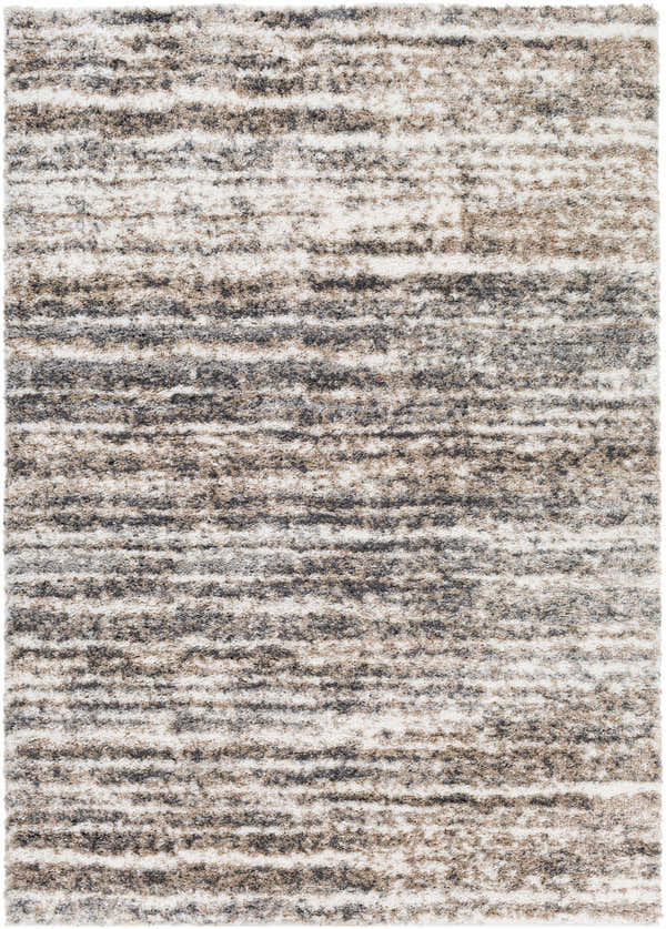 Close-up of Weddin Striped Plush Area Rug. Charcoal, cream, gray, and tan horizontal stripes create a soft, textured shag design. Design-Rectangle-5373