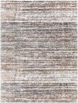 Close-up of the Weddin Striped Plush Area Rug. Charcoal, cream, gray, and tan horizontal stripes. Shag texture. Design-Rectangle-71010