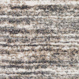 Close-up of the Weddin Striped Plush Area Rug, showcasing its charcoal, cream, gray, and tan striped shag texture. Swatch