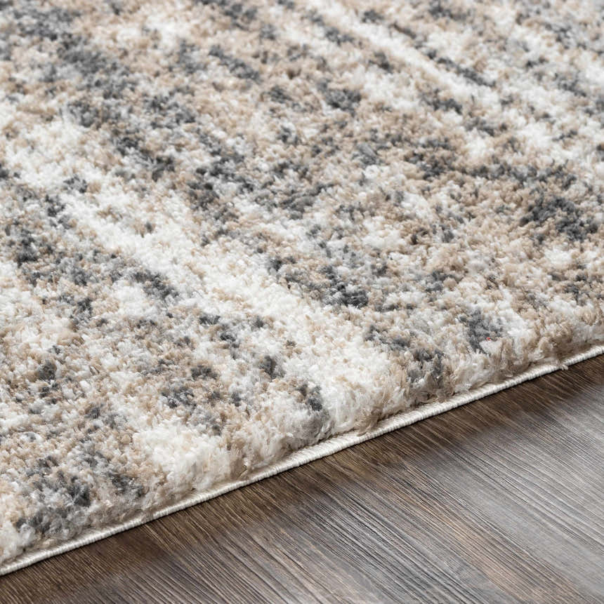 Close-up of the Weddin Striped Plush Area Rug showing charcoal, cream, gray, and tan tones and soft, shag texture. Texture