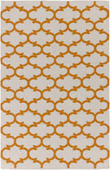 Close-up of the Weehawken Area Rug. Hand-woven cotton rug with a bright orange quatrefoil pattern on an ivory background. Design-Rectangle-576