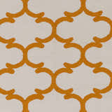 Close-up of the Weehawken Area Rug, featuring a bright orange quatrefoil pattern on an ivory, hand-woven cotton base. Swatch