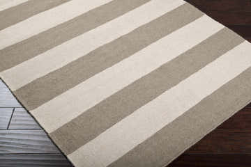 Close-up of the Ingersoll Beige&Gray Striped Wool Area Rug showing the texture and stripe pattern. Corner