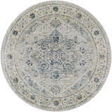 Round Whangamata Thick Luxe Boutique Rug with a traditional oriental design in dusty sage, light gray, and pale blue. Design-Round-53