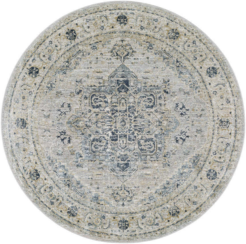 Round Whangamata Thick Luxe Boutique Rug with a traditional oriental design in dusty sage, light gray, and pale blue. Design-Round-53