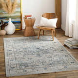 Living room scene with a Whangamata Thick Luxe Boutique Rug in dusty sage and blue oriental pattern. Modern farmhouse style. Roomscene-Rectangle