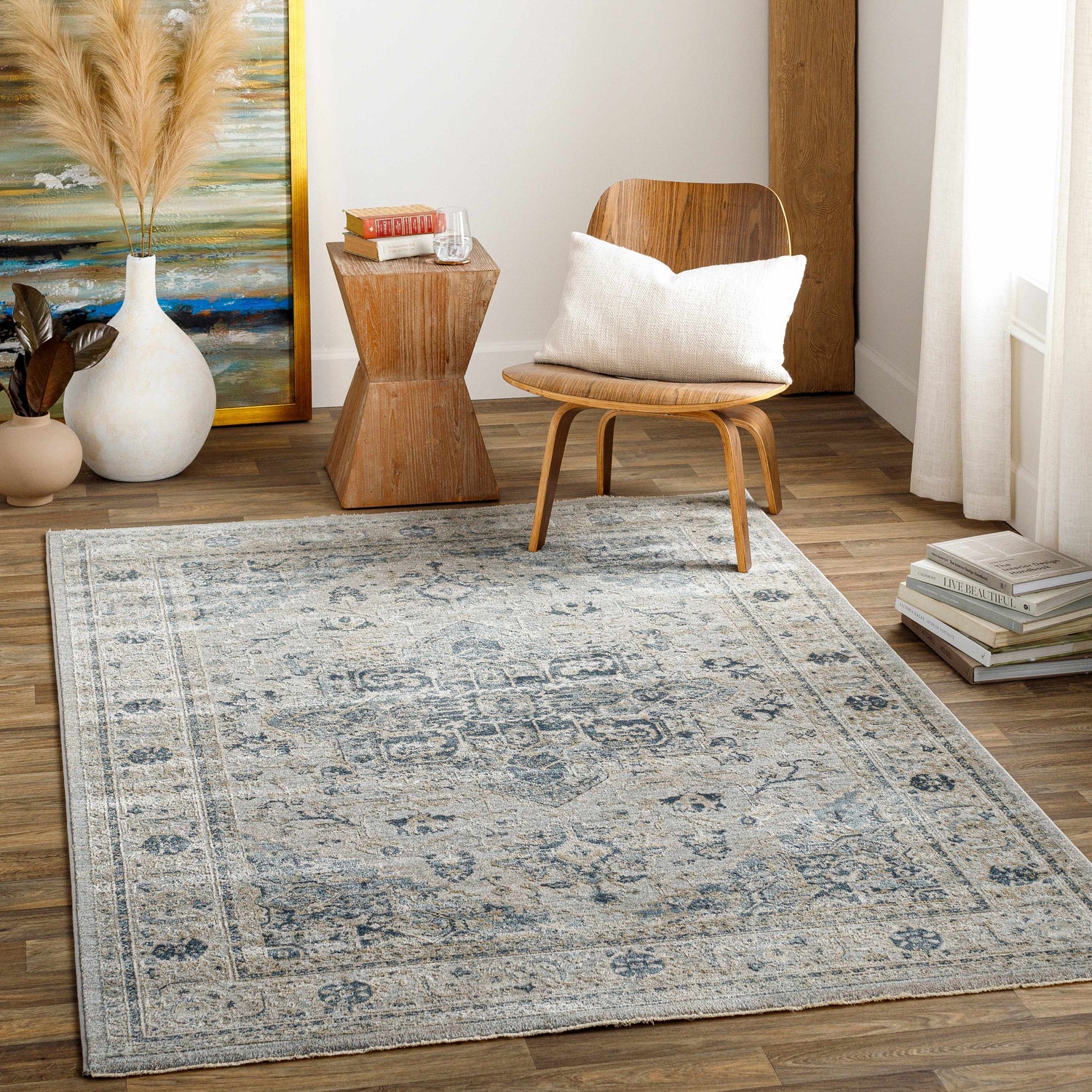 Living room scene with a Whangamata Thick Luxe Boutique Rug in dusty sage and blue oriental pattern. Modern farmhouse style. Roomscene-Rectangle