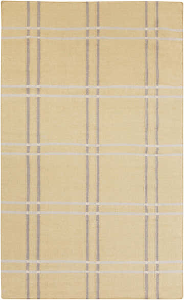 Close-up of the Wheeler Area Rug. Hand-woven wool rug in light tan with light and medium gray plaid pattern. Design-Rectangle-58