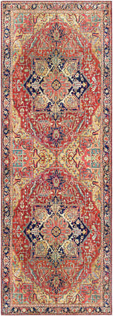 Detailed close-up of the Whittingham Area Rug. Features brick red, cream, dark blue, and tan colors in an oriental pattern. Design-Runner-2676
