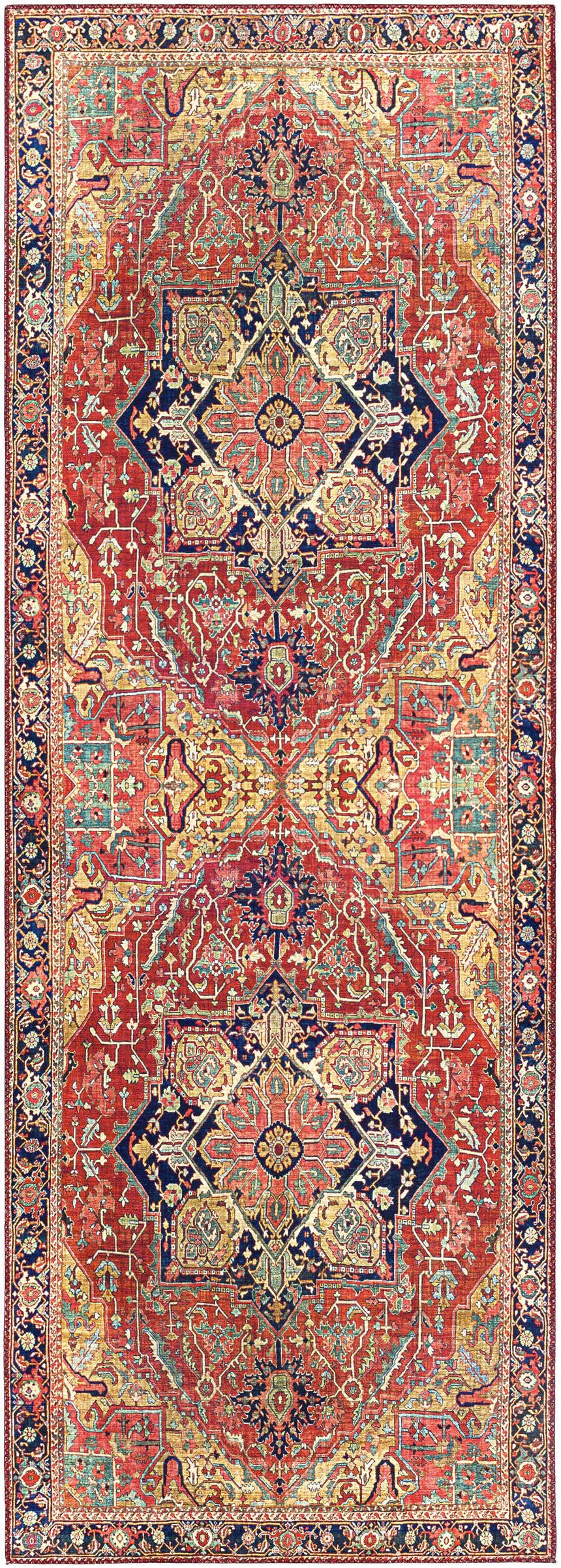 Detailed close-up of the Whittingham Area Rug. Features brick red, cream, dark blue, and tan colors in an oriental pattern. Design-Runner-2676