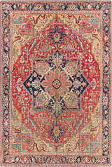 Detailed view of the Whittingham Area Rug, featuring a traditional oriental design in brick red, navy, and cream. Design-Rectangle-576
