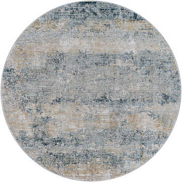 Close-up of a round Whyalla Misty Thick Luxe Rug; dusty sage, light gray, navy, and taupe abstract design. Design-Round-53