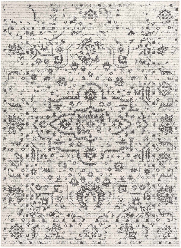 Close-up of the Willowbrook Area Rug. Charcoal and gray vintage-style oriental rug with a light beige background. Design-Rectangle-5373