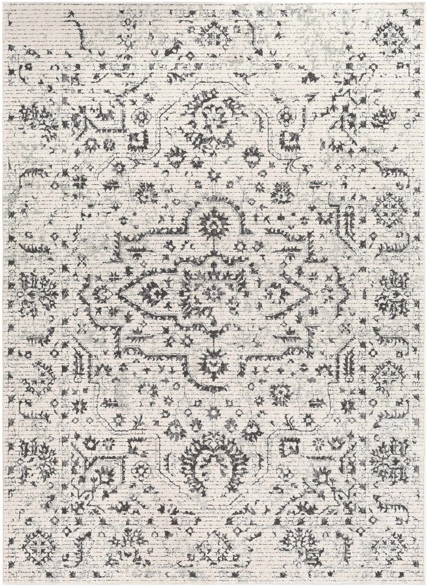 Close-up of the Willowbrook Area Rug. Charcoal and gray vintage-style oriental rug with a light beige background. Design-Rectangle-5373
