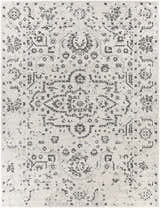 Close-up of Willowbrook Area Rug, a machine-woven rug in charcoal, gray, light beige, and medium gray with a vintage, oriental-inspired pattern. Design-Rectangle-710103
