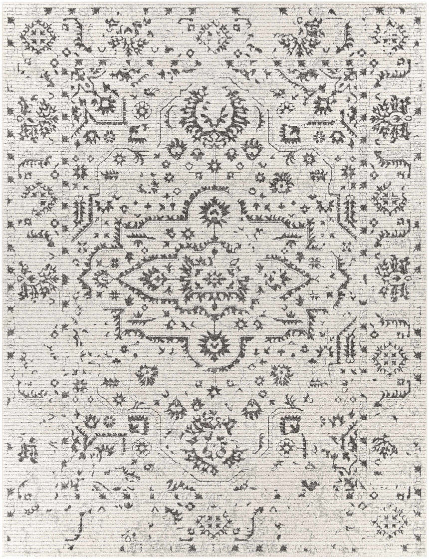 Close-up of Willowbrook Area Rug, a machine-woven rug in charcoal, gray, light beige, and medium gray with a vintage, oriental-inspired pattern. Design-Rectangle-710103