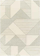 Close-up of the Wald Area Rug, a contemporary design with beige and gray geometric shapes and textured patterns. Design-Rectangle-5373