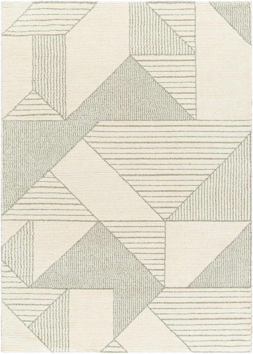 Close-up of the Wald Area Rug, a contemporary design with beige and gray geometric shapes and textured patterns. Design-Rectangle-5373
