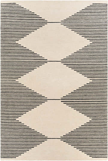 Close-up of Walkerston Hand Tufted Wool Rug. Beige rug with a bold black striped geometric pattern. Contemporary style. Design-Rectangle-69